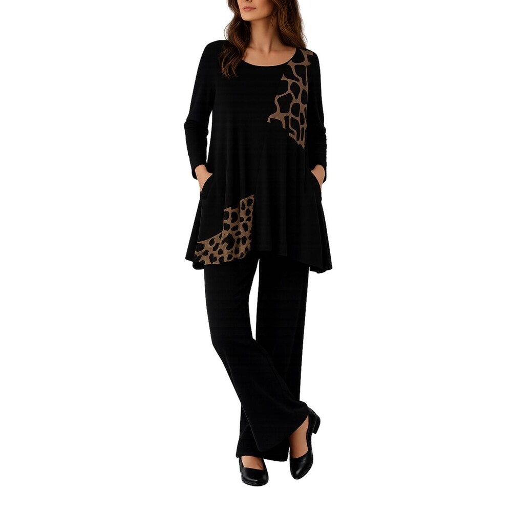 Alembika Black Long Sleeve Tunic Top Size 1 US 6 Abstract Print Pockets